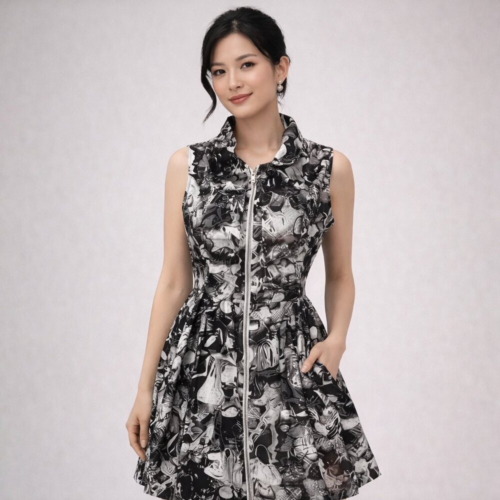 NWOT SAMUEL DONG Duppioni Bubble Coat Dress Sleeveless Artsy Abstract Ruffles L